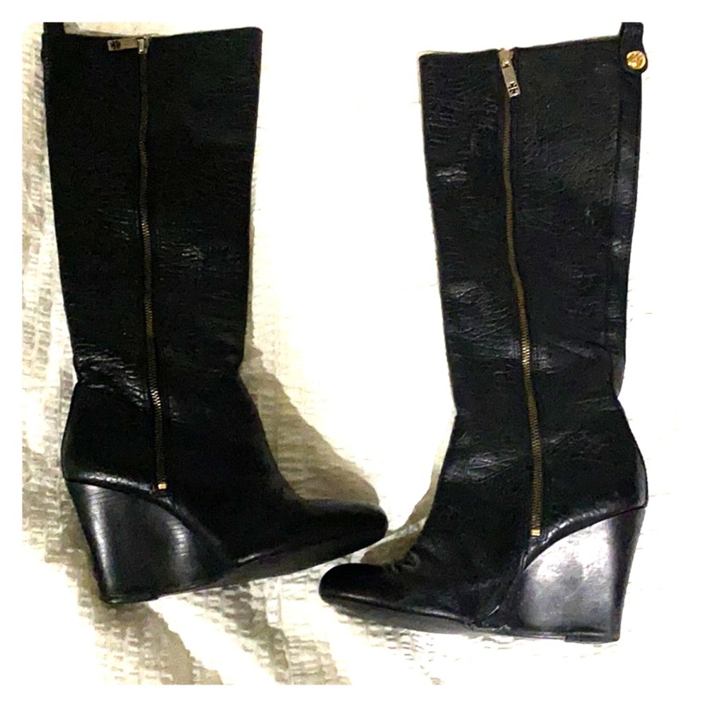 Tory Burch knee high black wedge boots
